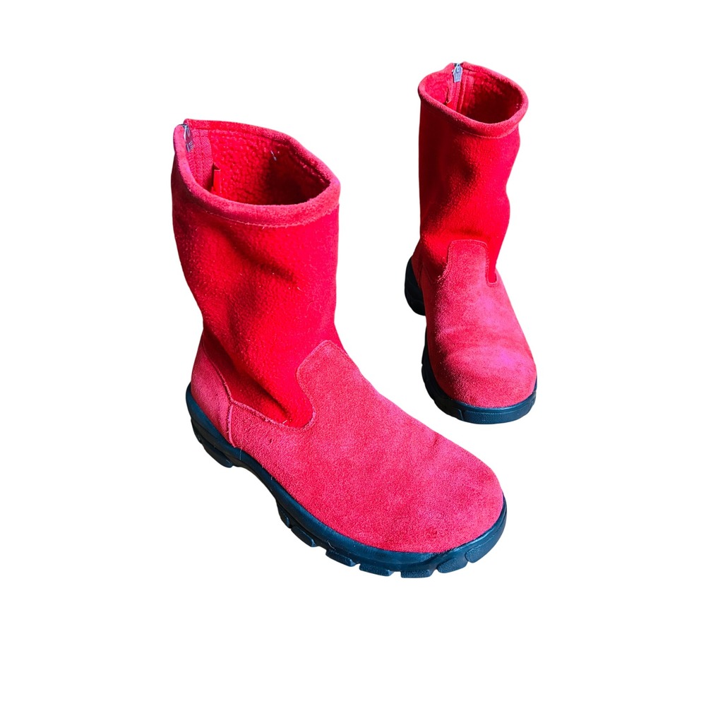 Lands End Red Suede Fleece Winter Snow Boots Rear Zip Lug Sole Womens 7B